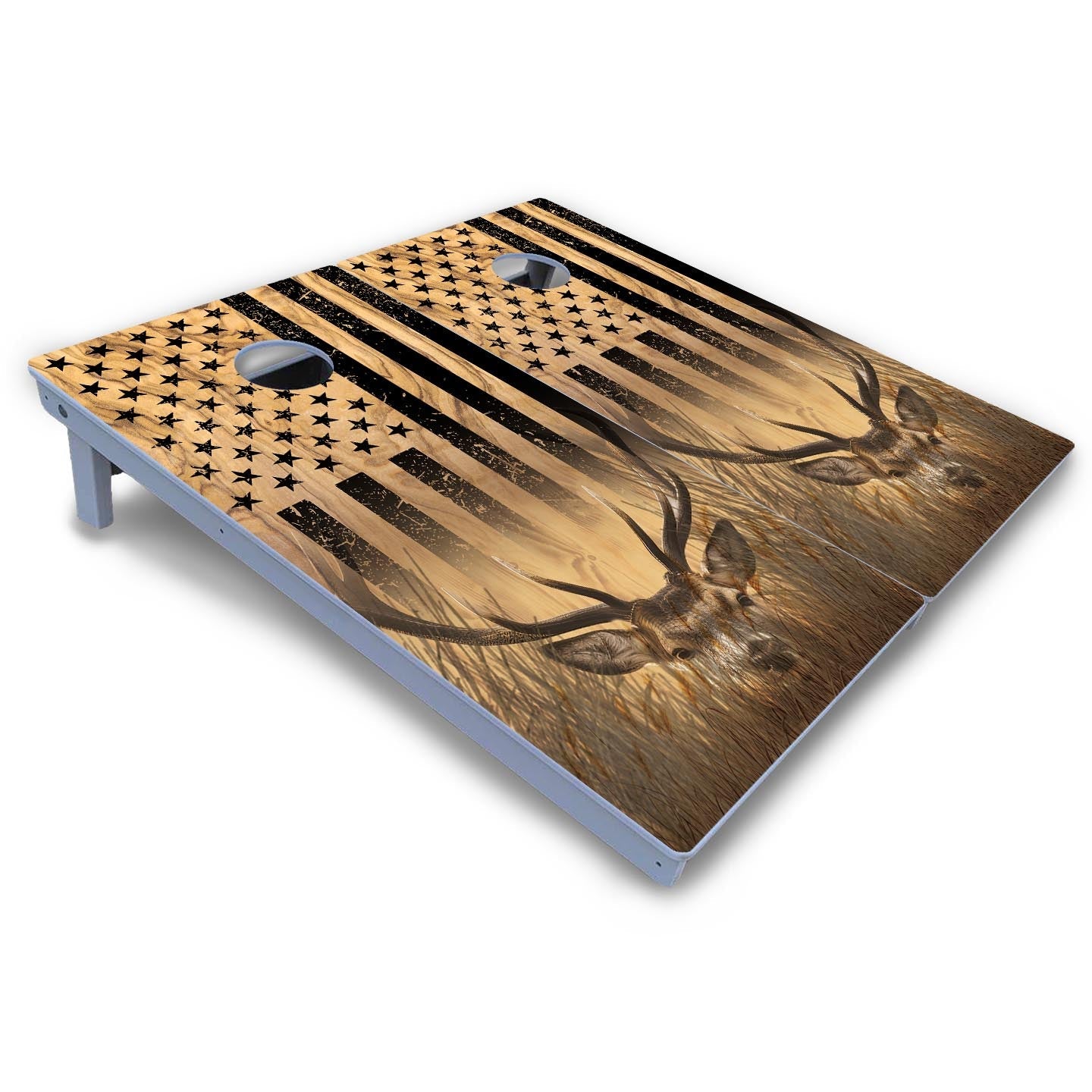 Light Wood Flag Deer & Fish Cornhole Boards - All Weather Series