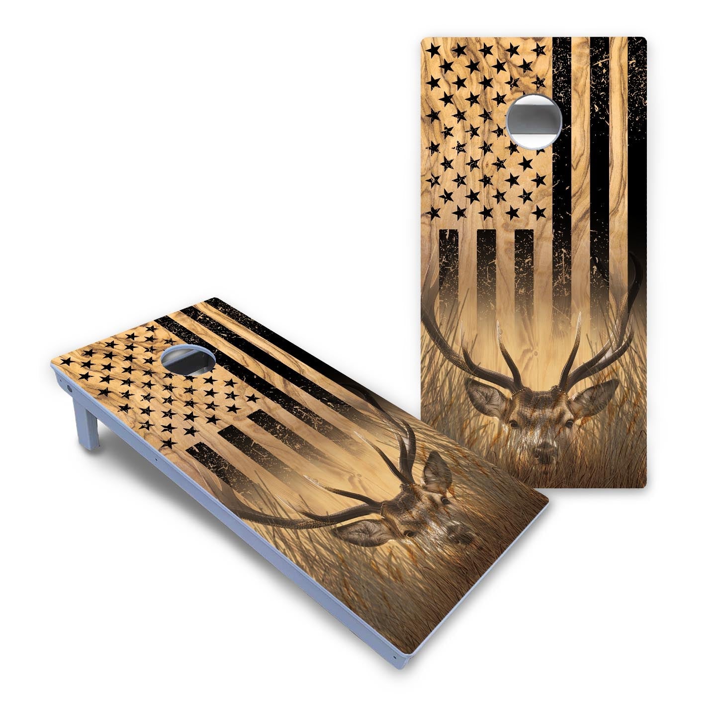 Light Wood Flag Deer & Fish Cornhole Boards - All Weather Series