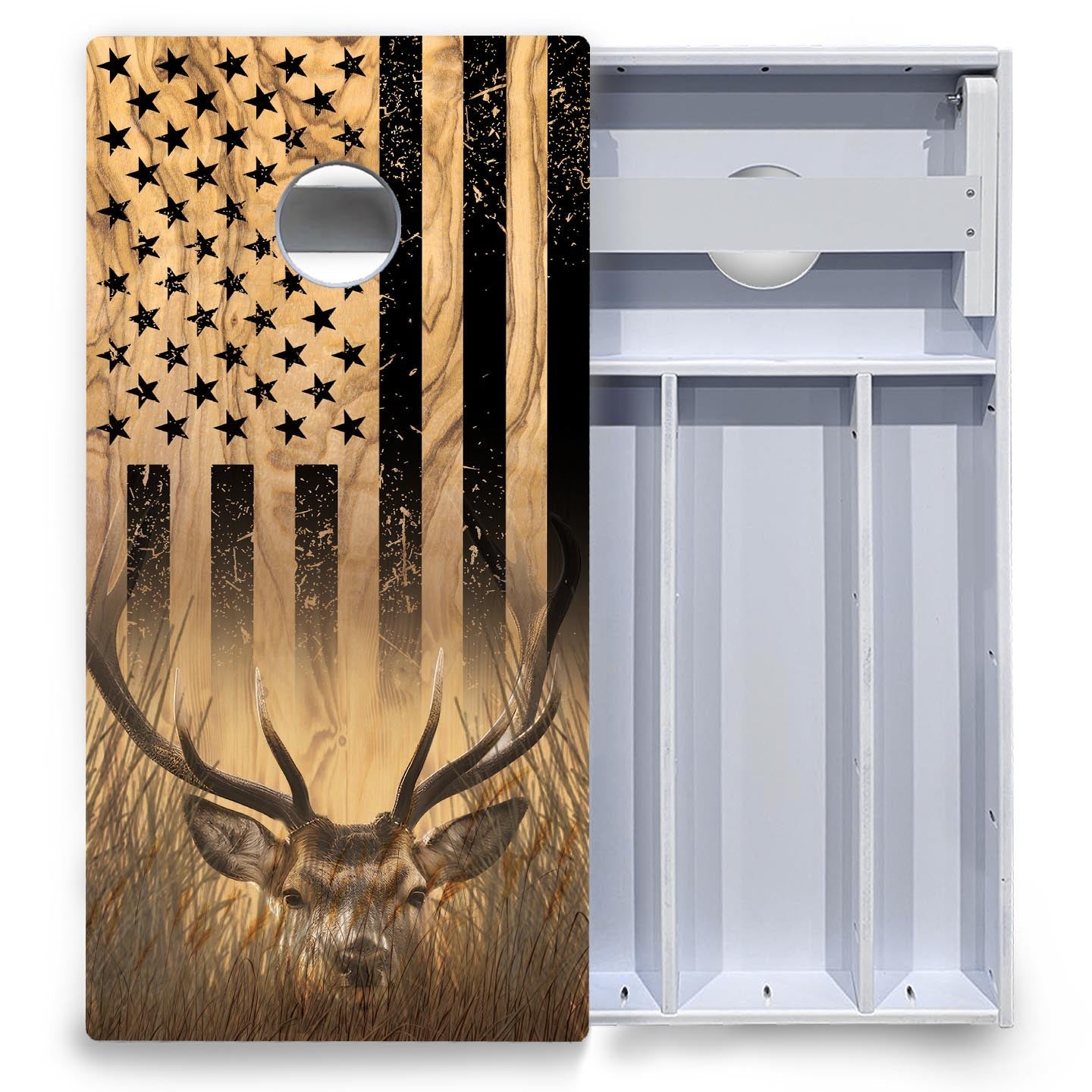 Light Wood Flag Deer & Fish Cornhole Boards - All Weather Series