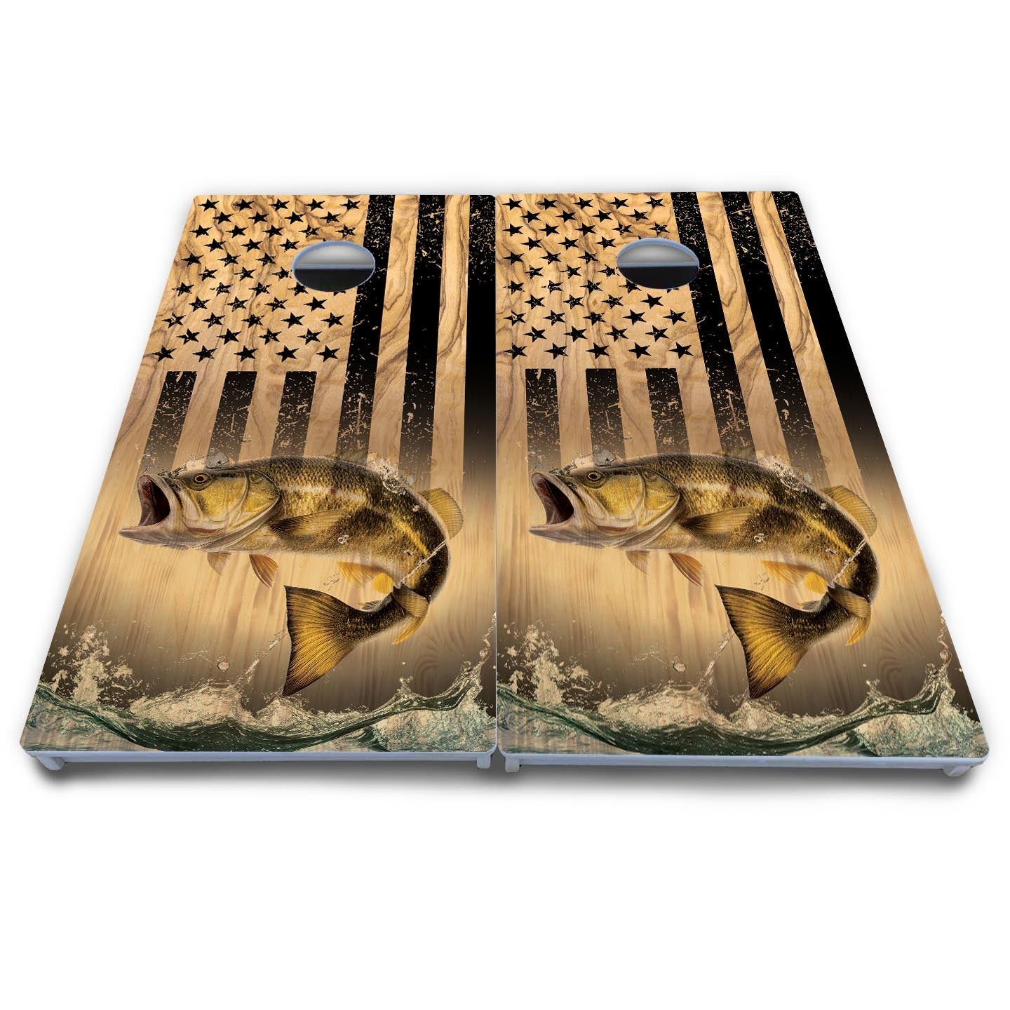 Light Wood Flag Deer & Fish Cornhole Boards - All Weather Series