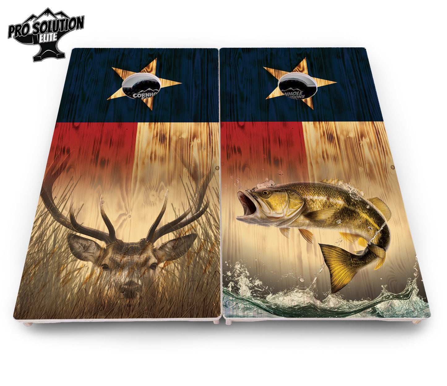 Texas Flag Deer & Fish Cornhole Boards - Pro Solution Elite Series