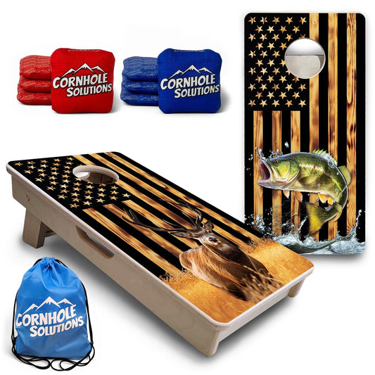 Colorful Deer & Fish Burnt Flag - Mini or Vacation Size Cornhole Boards