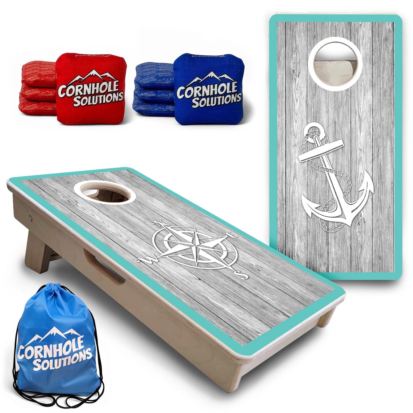 Coastal Compass & Anchor Teal - Mini or Vacation Size Cornhole Boards
