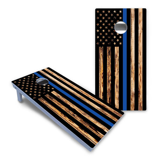Blue & Red Line Burnt Flag Cornhole Boards - All Weather Series
