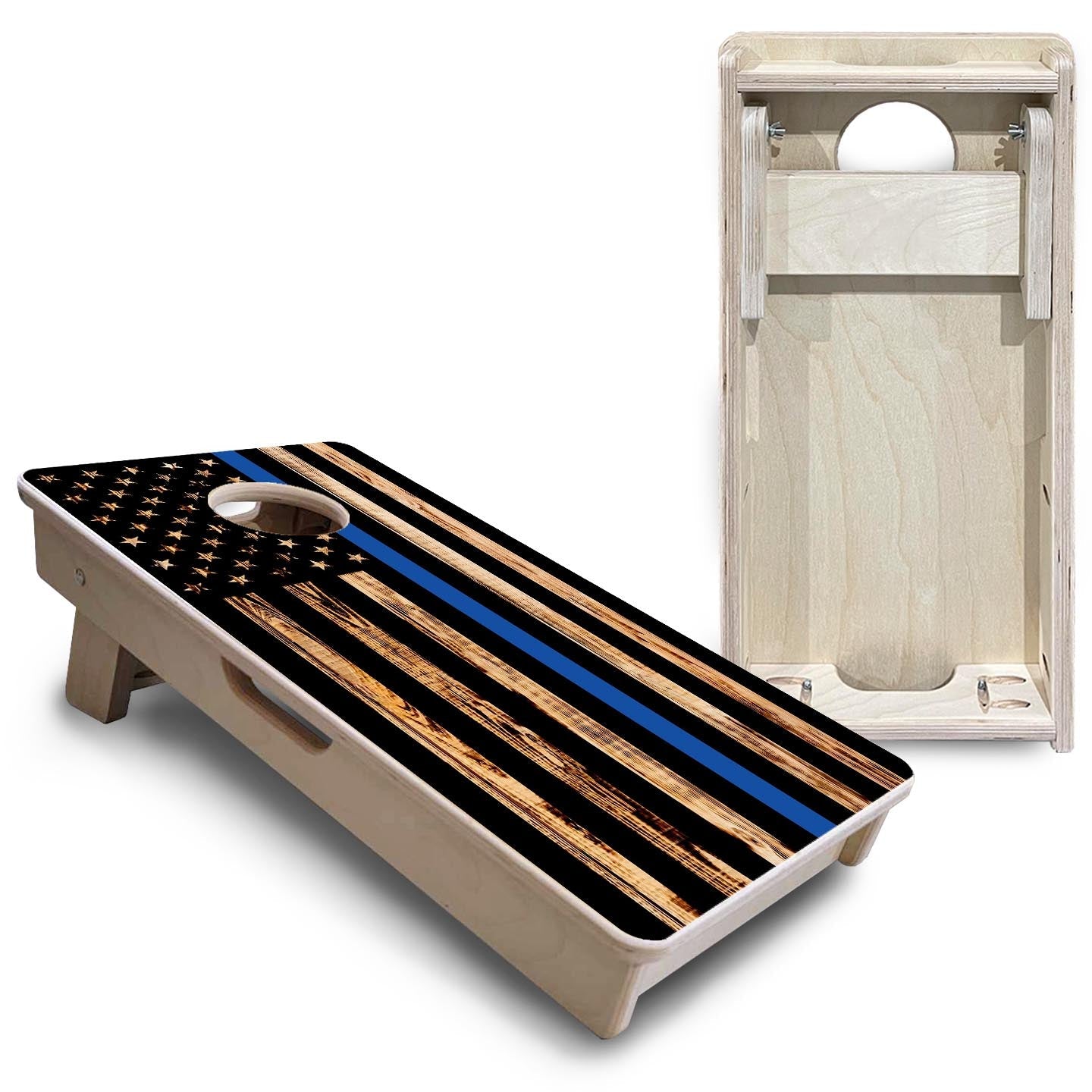 Blue & Red Line Burnt Flag - Mini or Vacation Size Cornhole Boards
