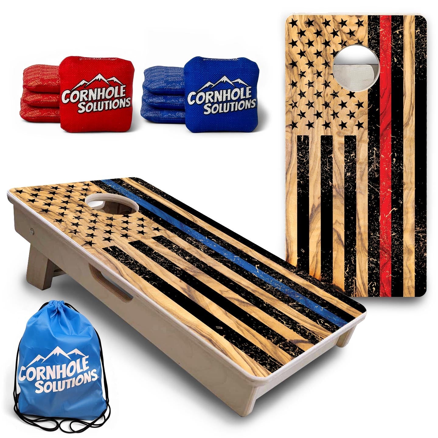 Light Wood Blue & Red Line Flag - Mini or Vacation Size Cornhole Boards