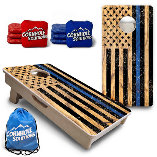Light Wood Blue Line Flag - Mini or Vacation Size Cornhole Boards