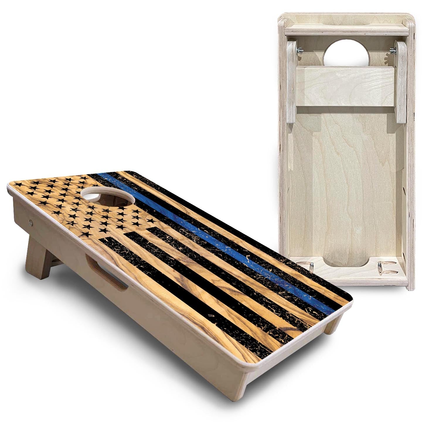 Light Wood Blue & Red Line Flag - Mini or Vacation Size Cornhole Boards