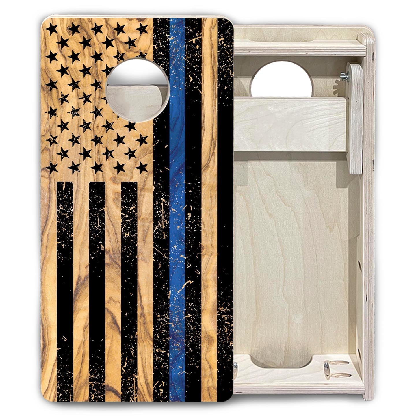 Light Wood Blue & Red Line Flag - Mini or Vacation Size Cornhole Boards