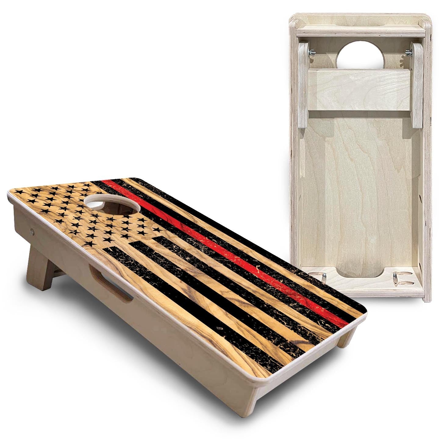 Light Wood Blue & Red Line Flag - Mini or Vacation Size Cornhole Boards