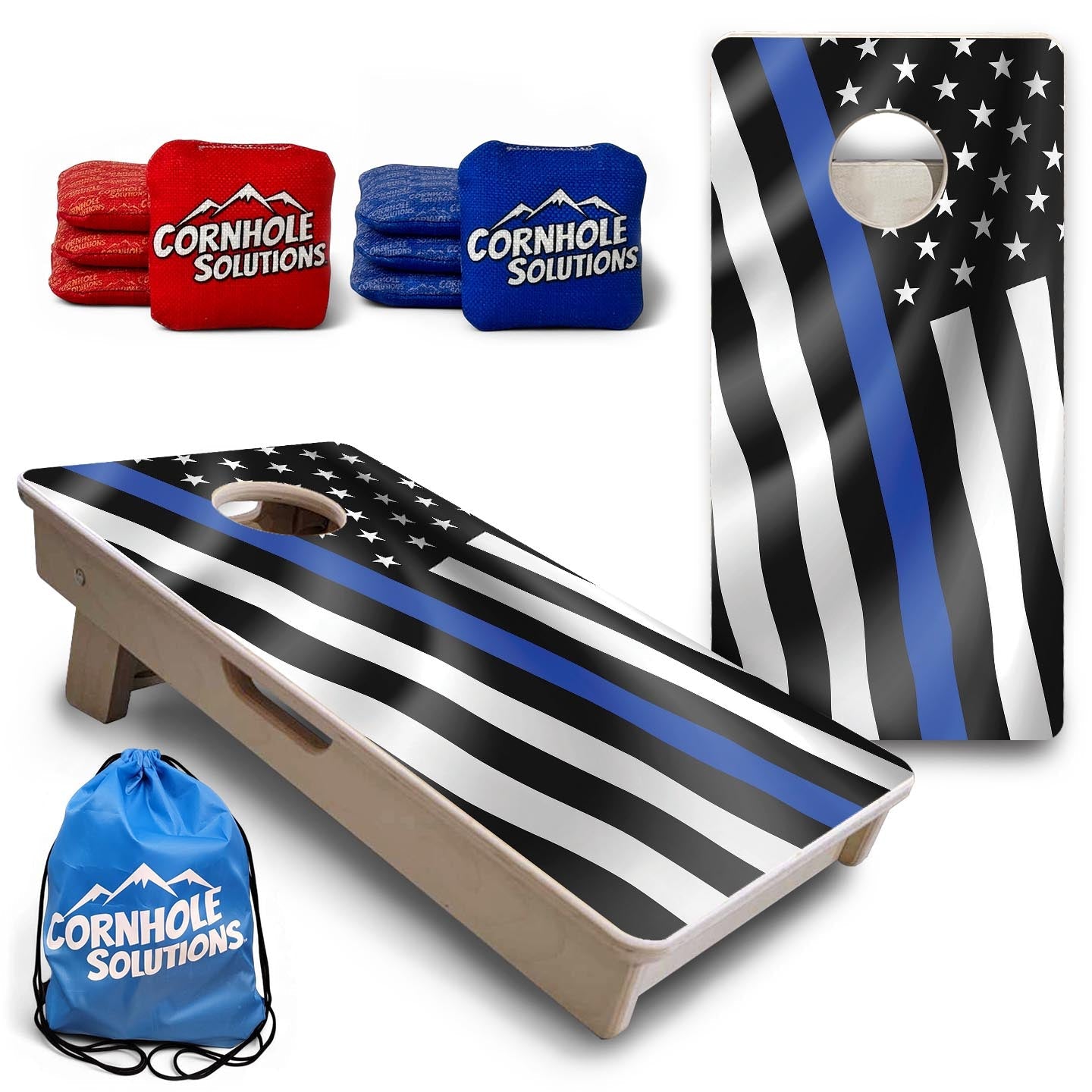 B&W Blue Line Wavy Flag - Mini or Vacation Size Cornhole Boards