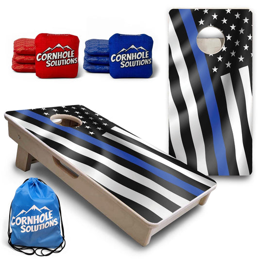 B&W Blue Line Wavy Flag - Mini or Vacation Size Cornhole Boards