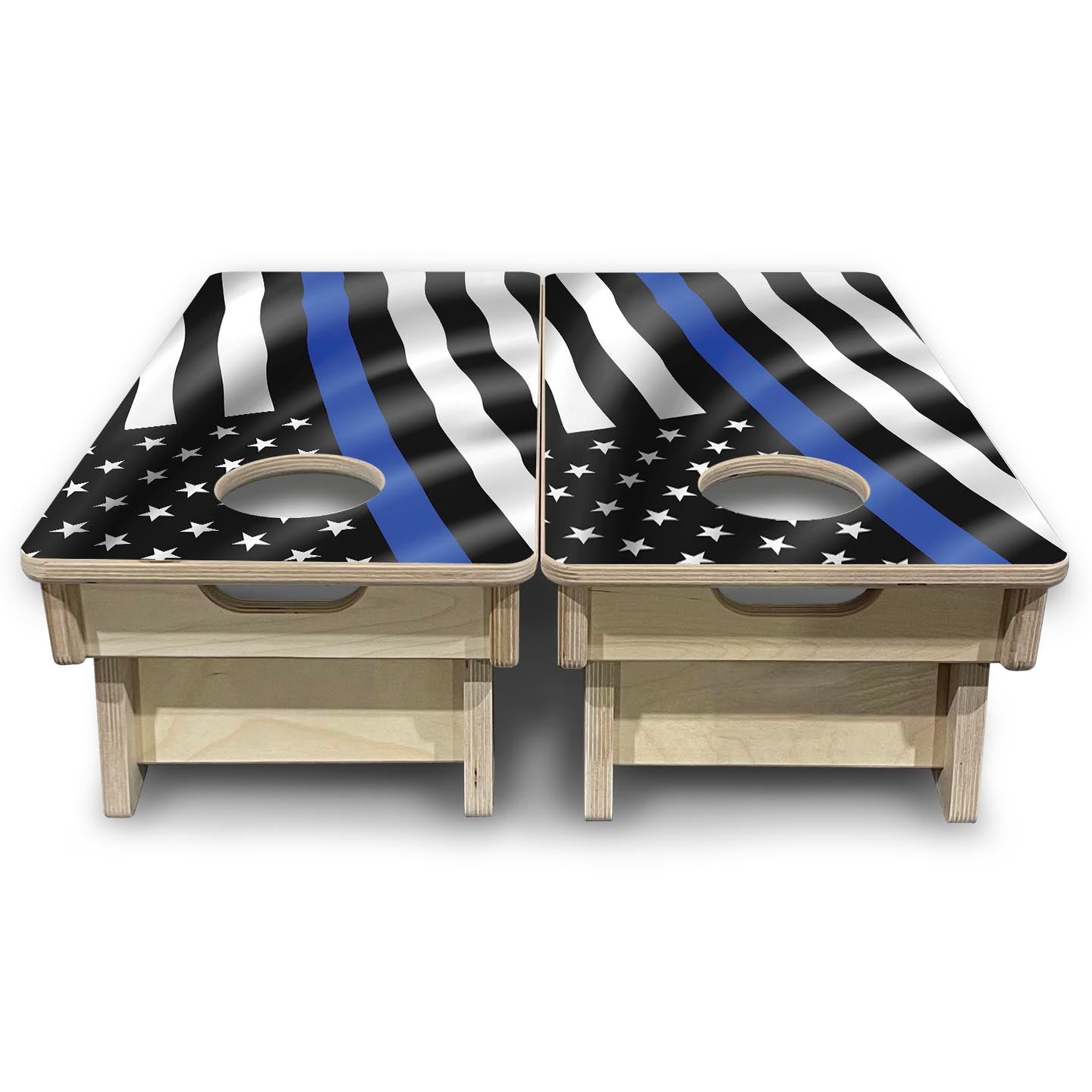 B&W Blue Line Wavy Flag - Mini or Vacation Size Cornhole Boards