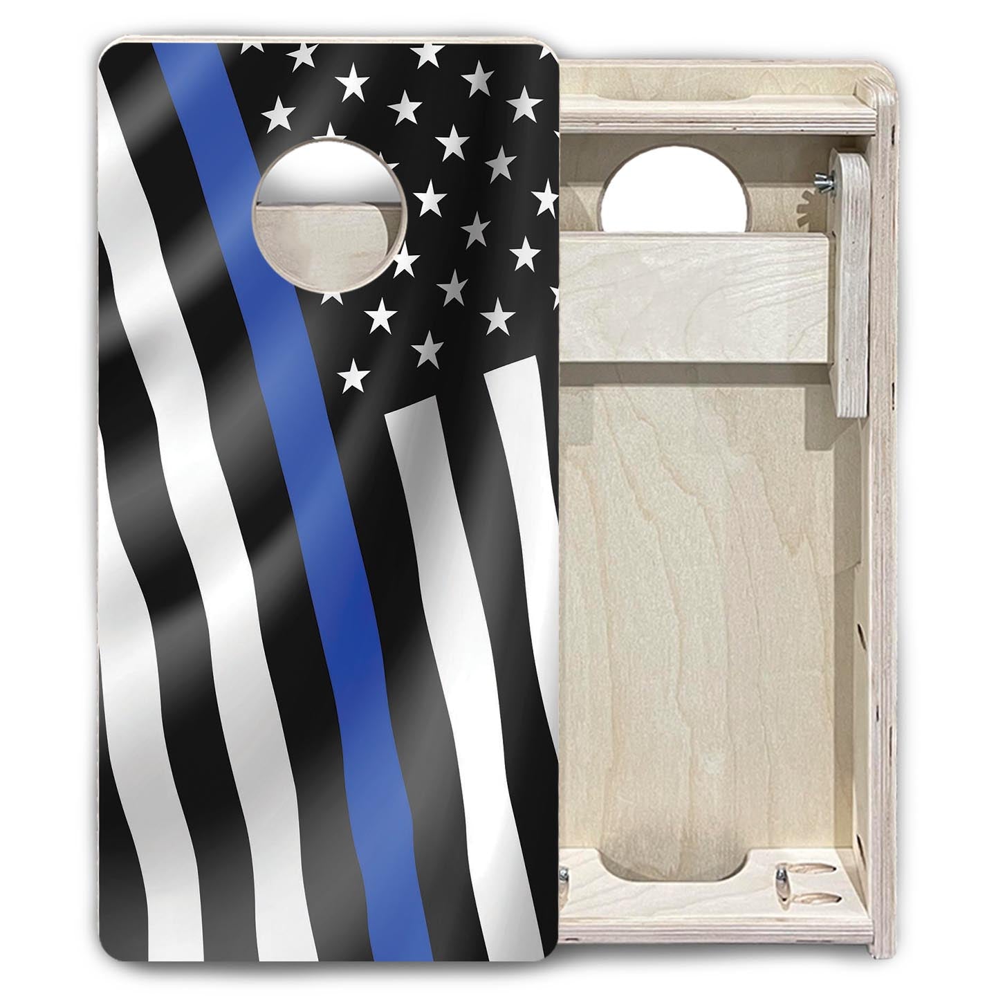 B&W Blue Line Wavy Flag - Mini or Vacation Size Cornhole Boards