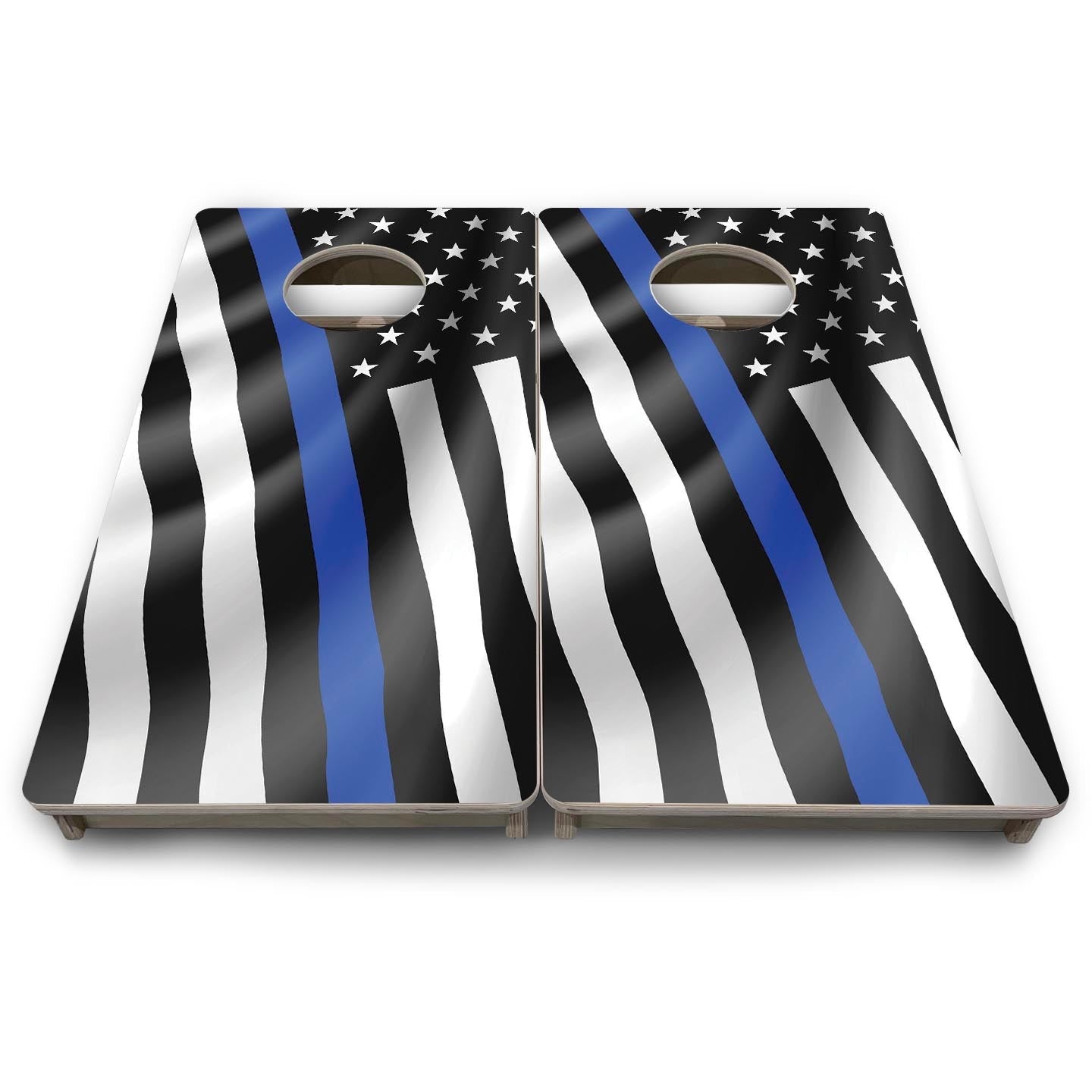 B&W Blue Line Wavy Flag - Mini or Vacation Size Cornhole Boards