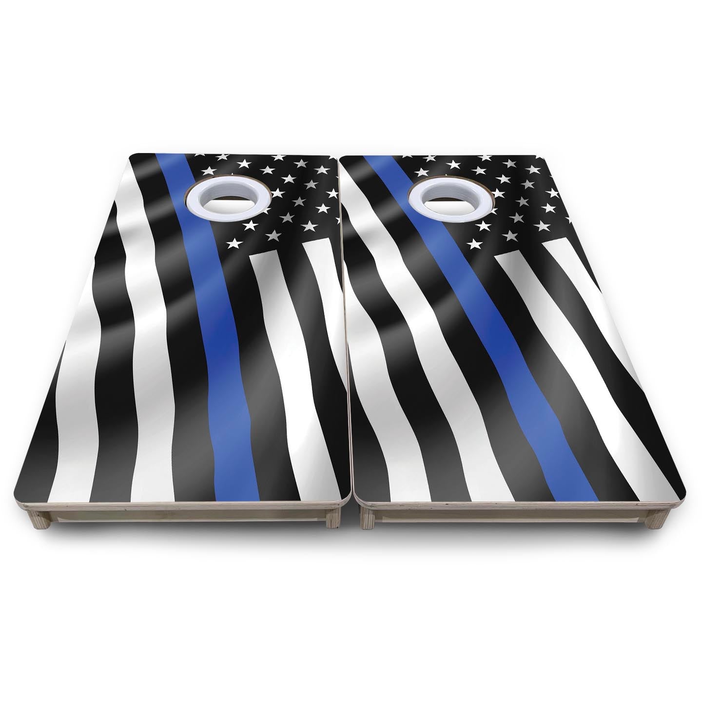 B&W Blue Line Wavy Flag - Mini or Vacation Size Cornhole Boards