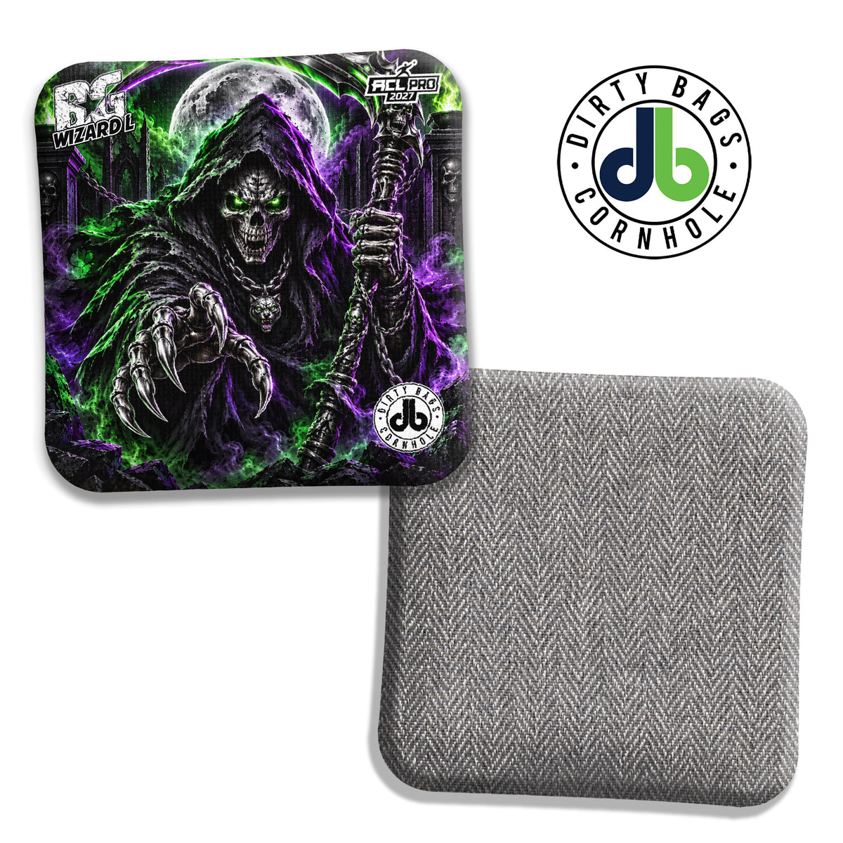 BG Grim Reaper Purple and Green cornhole bags