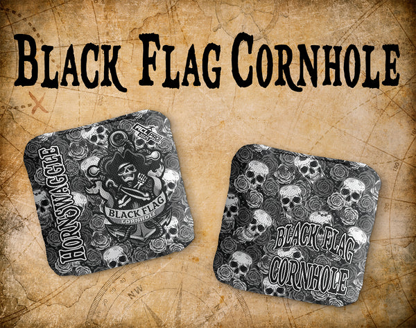 Black Flag Cornhole Bags - Hornswaggle - BW Rose Skull