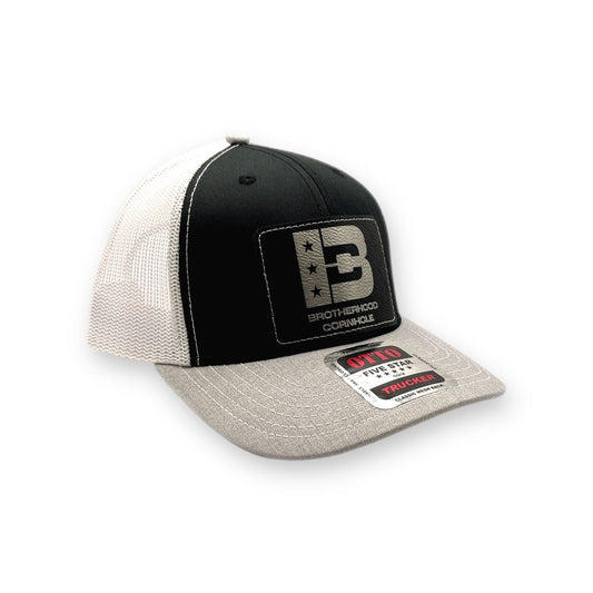 Silver Patch Mesh Back Trucker Snapback Hat (Gre/Bla/Whi)