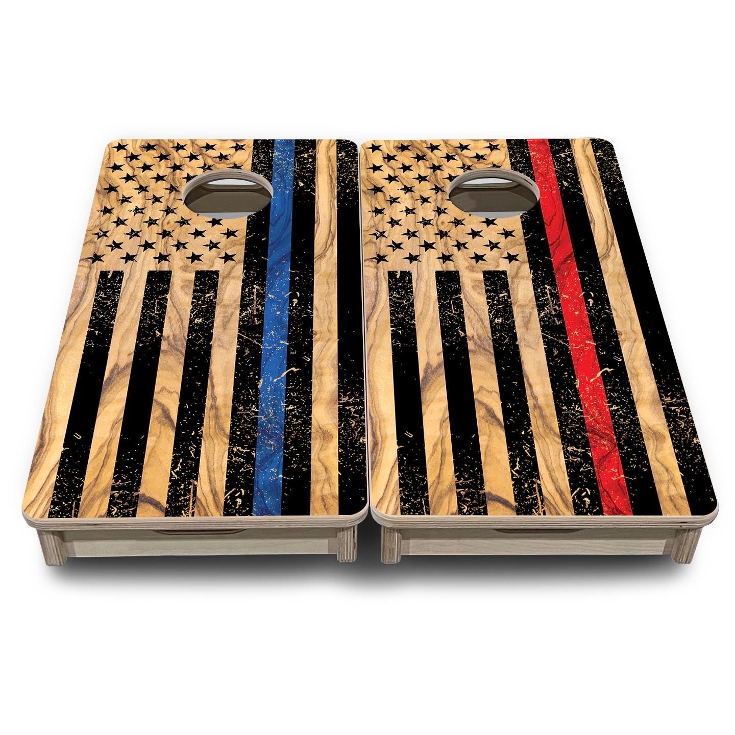 Light Wood Blue & Red Line Flag - Mini or Vacation Size Cornhole Boards