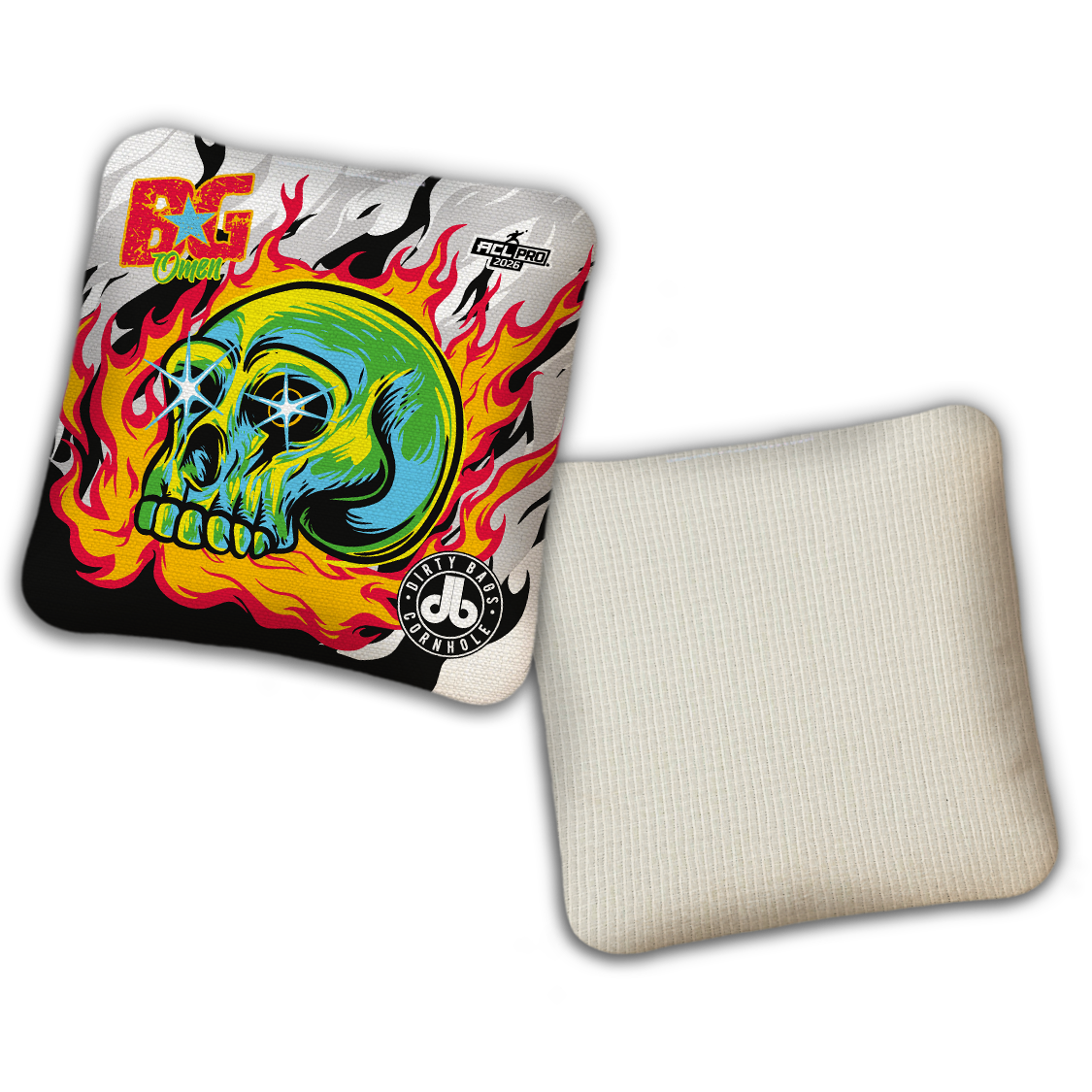 2026 BG Multiple Bag Models - "DB Skull and Flames” Dirty Bags Collab - ACL Pro Stamped Cornhole Bags - SET OF 4 BAGS