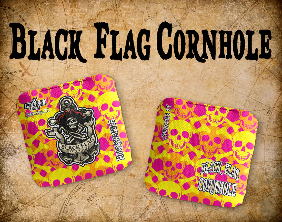 Black Flag Cornhole Bags - Skull and Crossbones Pink and Yellow