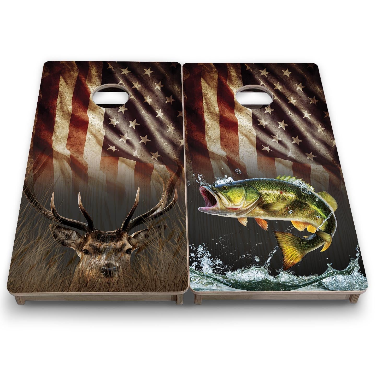 Rustic Wavy Deer & Fish Flag - Mini or Vacation Size Cornhole Boards