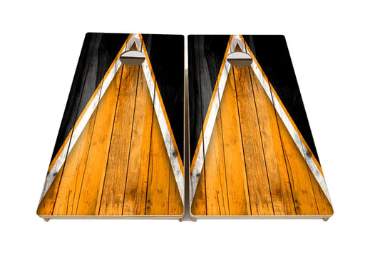 Quick Ship Cornhole Boards - Orange and Black Triangle Design