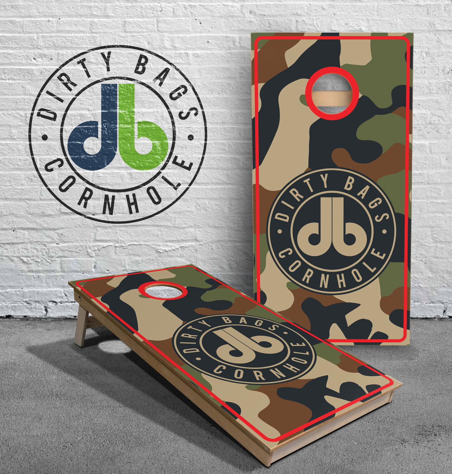 Dirty Bags Professional Cornhole Boards - Camouflage with Red Trim
