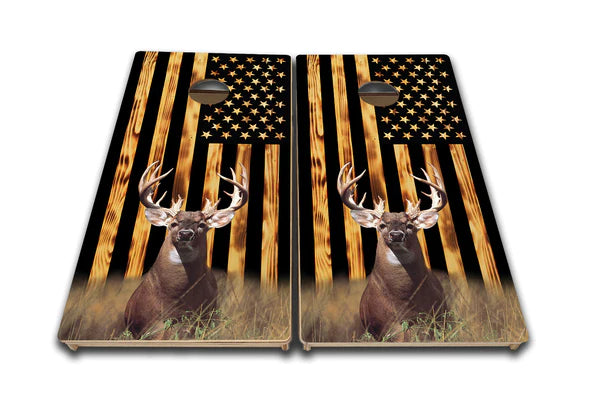 Quick Ship Cornhole Boards - Colorful Deer and Flag Design