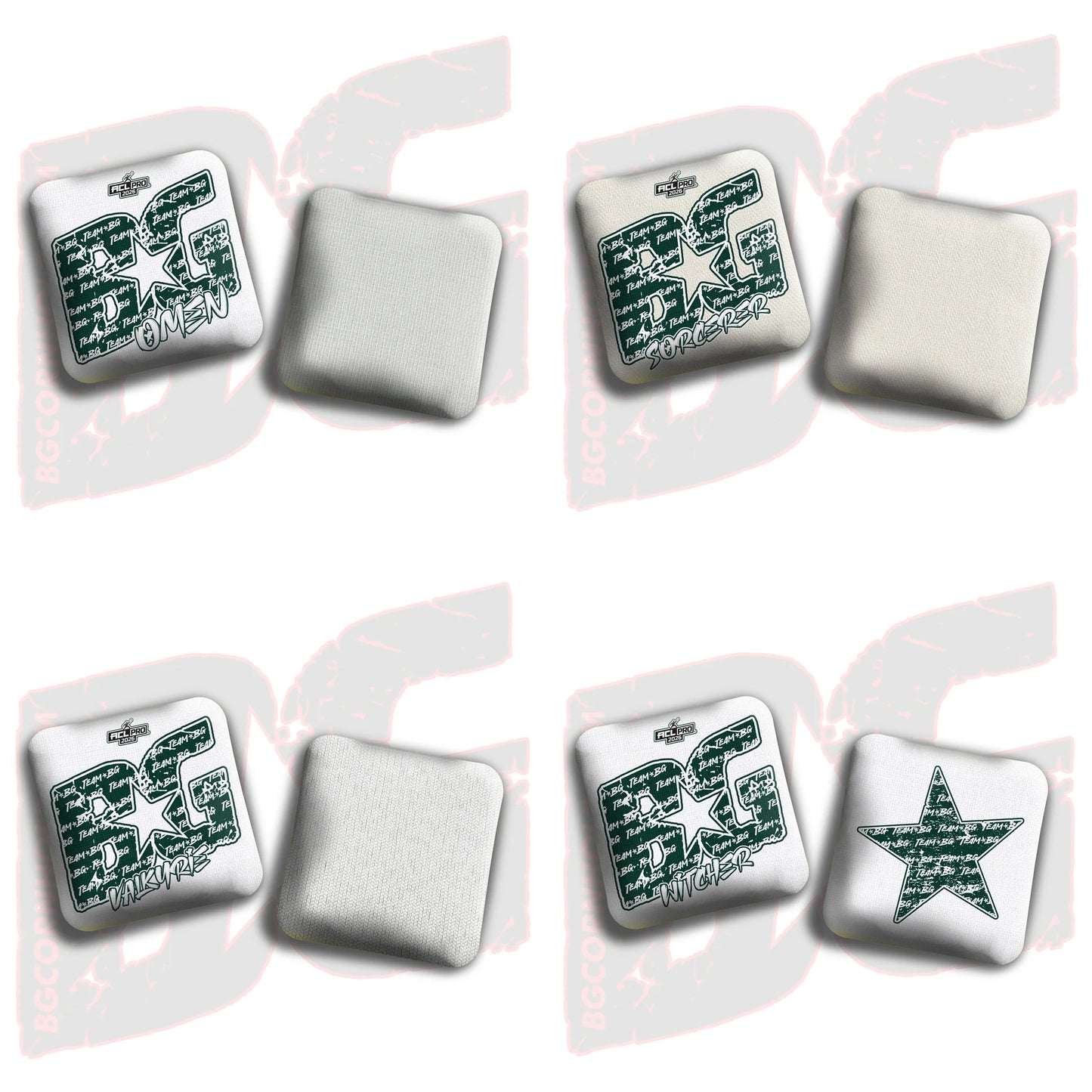 2026 BG Multiple Bag Models "Green Logo White Colormatch " - ACL Pro Stamped Cornhole Bags - SET OF 4 BAGS