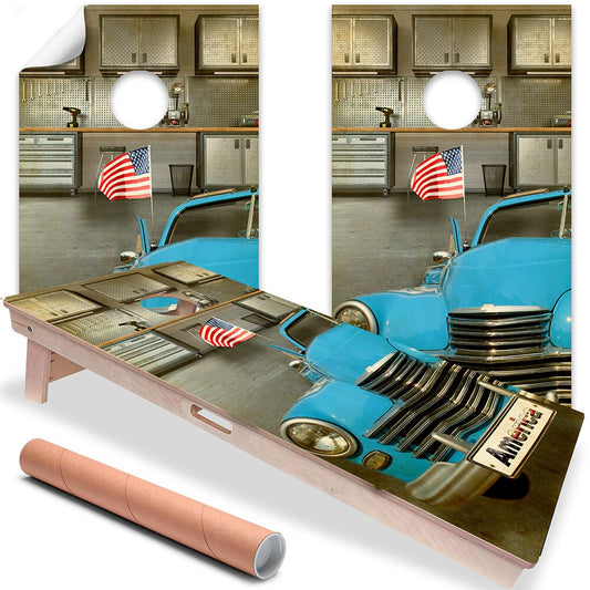 Blue Car - Cornhole Board Wrap - Set of 2