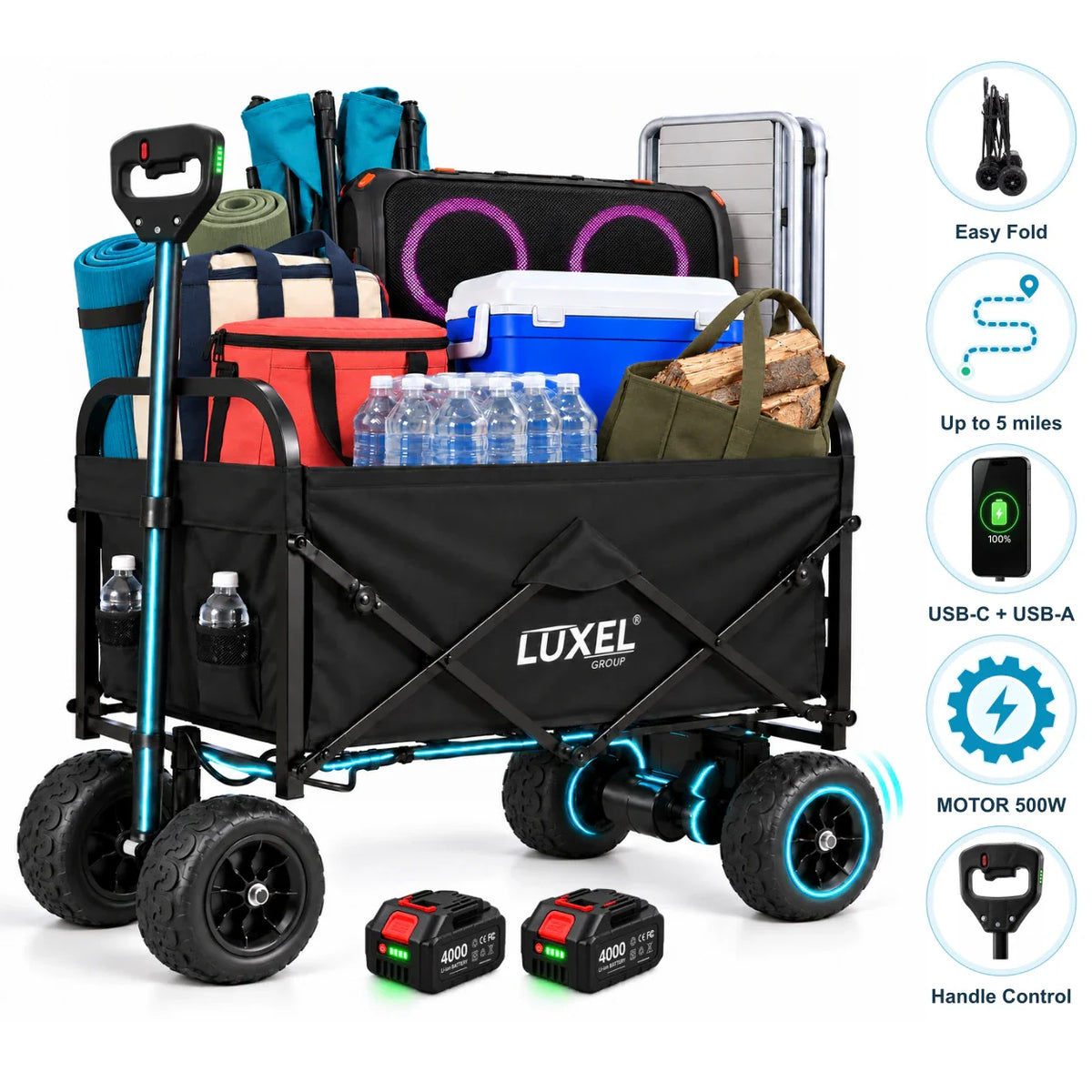 Electric Folding Wagon 500W – Motorized Utility Cart with All-Terrain Wheels Black