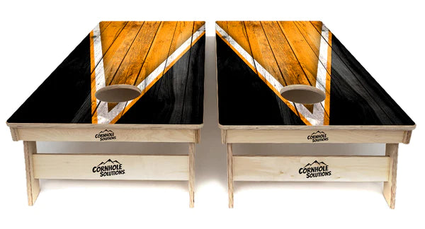 Quick Ship Cornhole Boards - Orange and Black Triangle Design