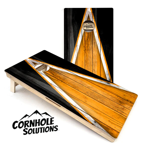 Quick Ship Cornhole Boards - Orange and Black Triangle Design