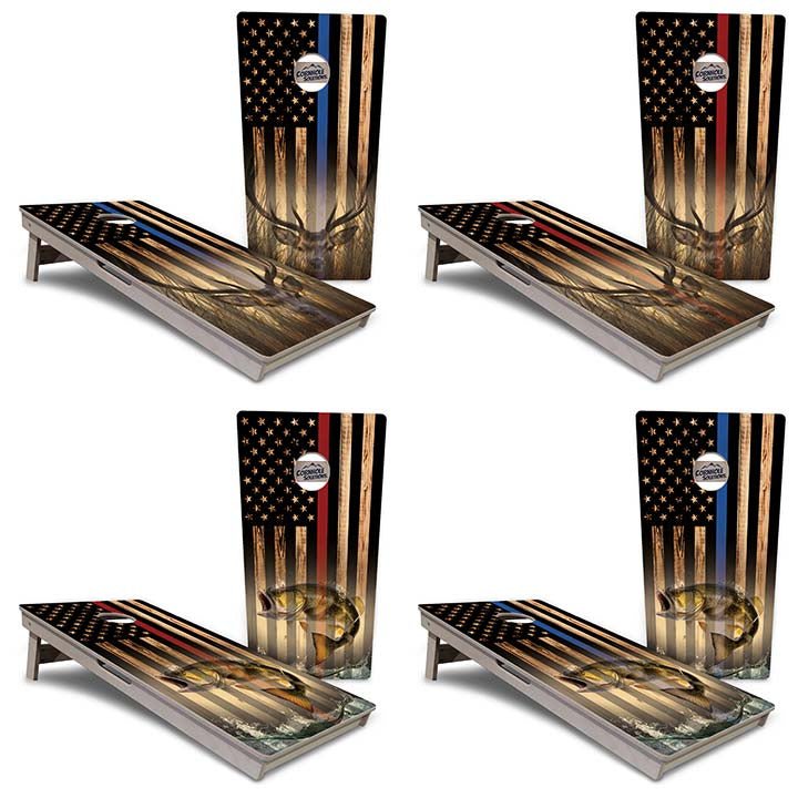 Blue & Red Line Burnt Flag Deer & Fish Cornhole Boards - Professional Tournament Series