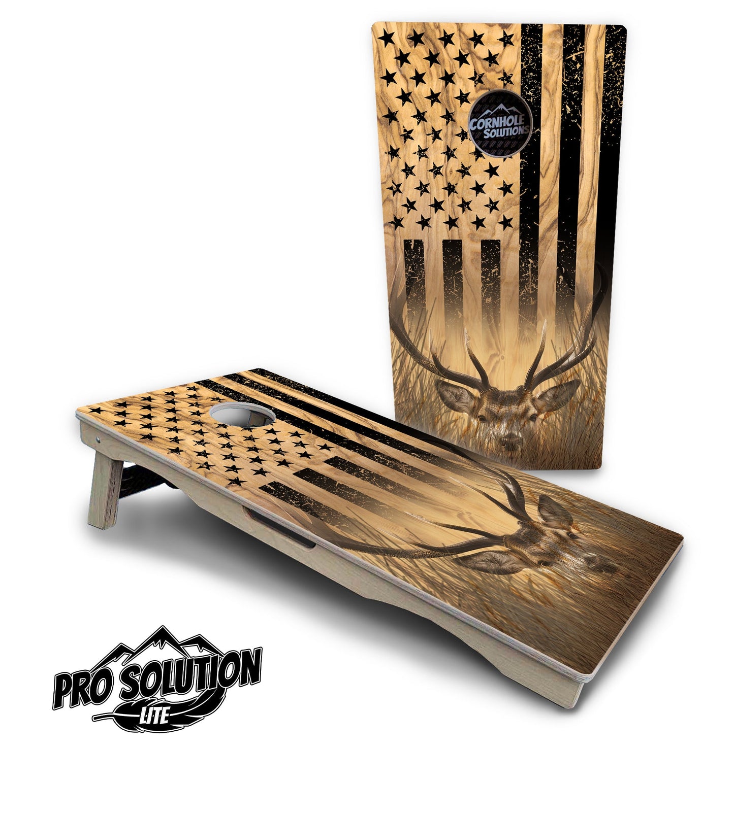Light Wood Deer & Fish Flag Cornhole Boards - Pro Solution Lite Series