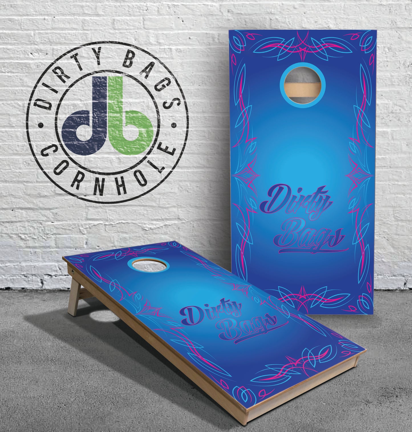 Cornhole Boards - db Blue and Pink Pinstriping