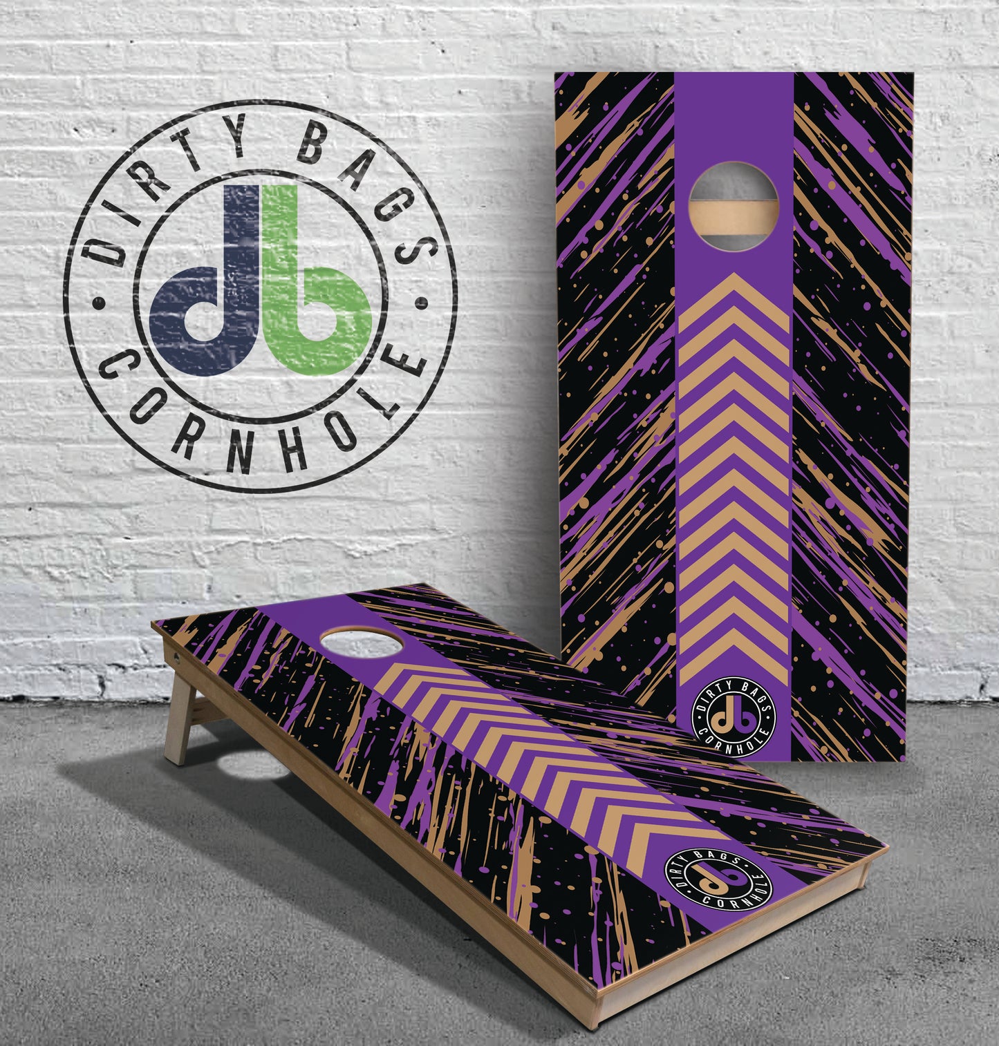 Professional Cornhole Boards - db Arrows Purple and Old Gold
