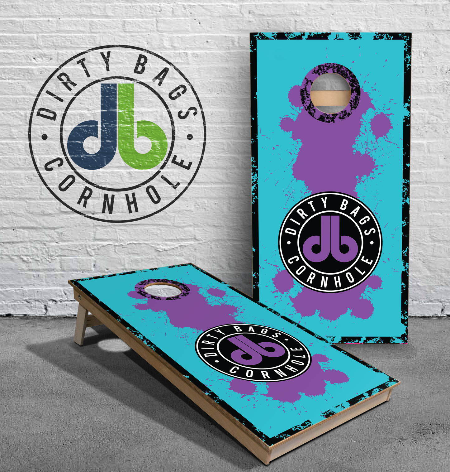 Professional Cornhole Boards - DB Paint Spill - Purple and Blue