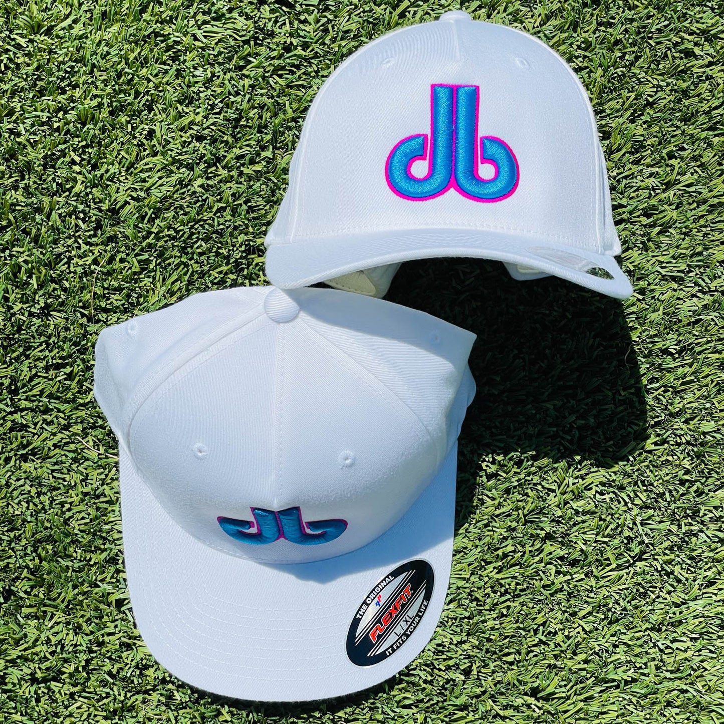 Cornhole Hat - White Flexfit with Blue and Pink db