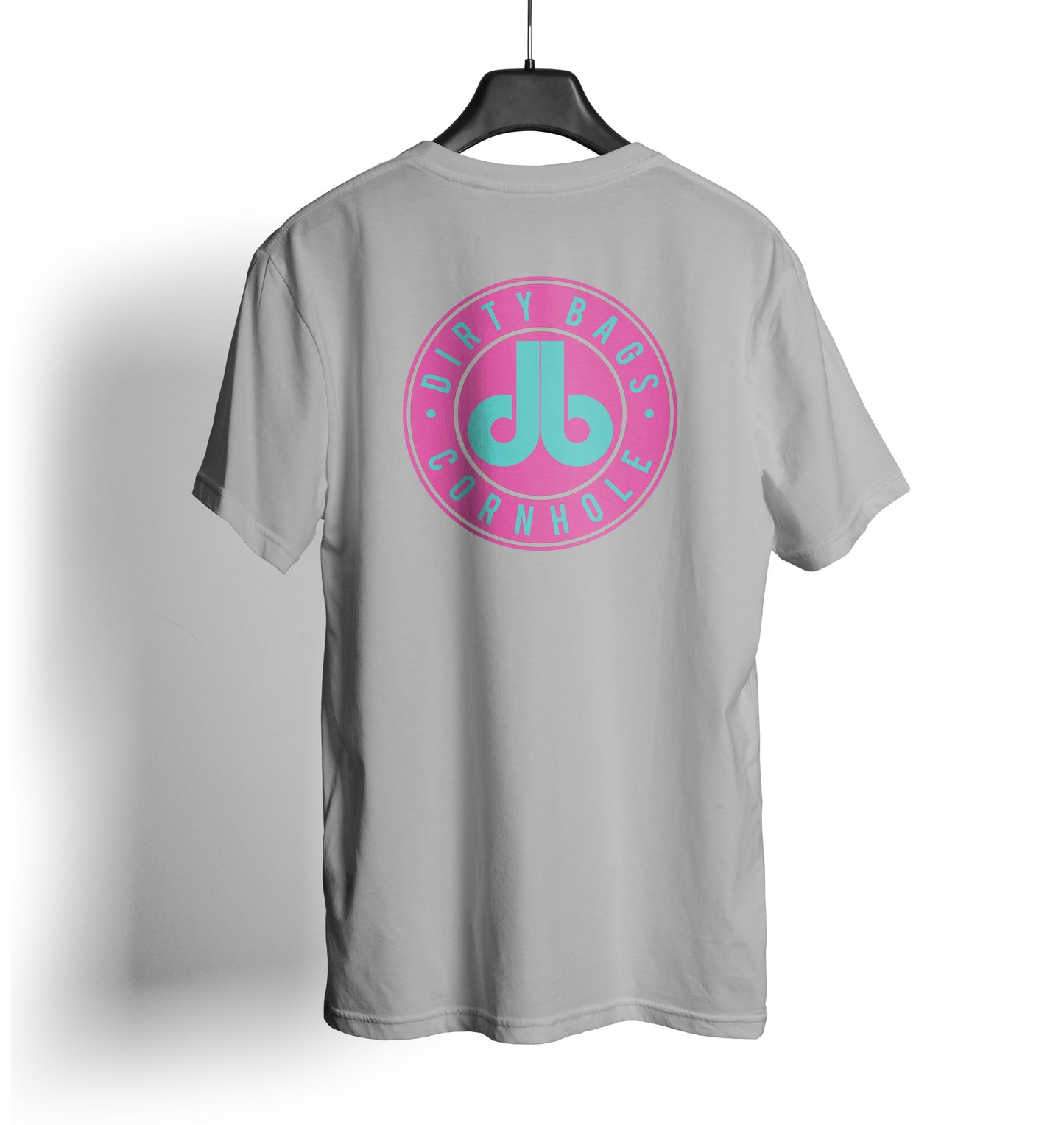 db Cornhole T Shirt - Pink and Turquoise db Badge