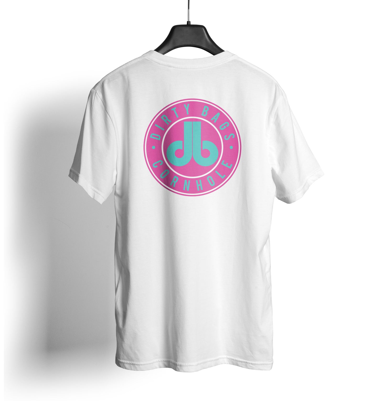 db Cornhole T Shirt - Pink and Turquoise db Badge